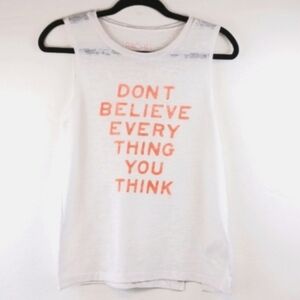 RACHEL ROY White Acid Washed Sleeveless Crew Neck Slightly Sheer Graphic Tee